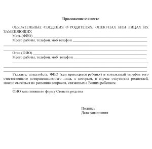 Приложение к анкете ребенка для детского летнего лагеря дневного пребывания РосРобот